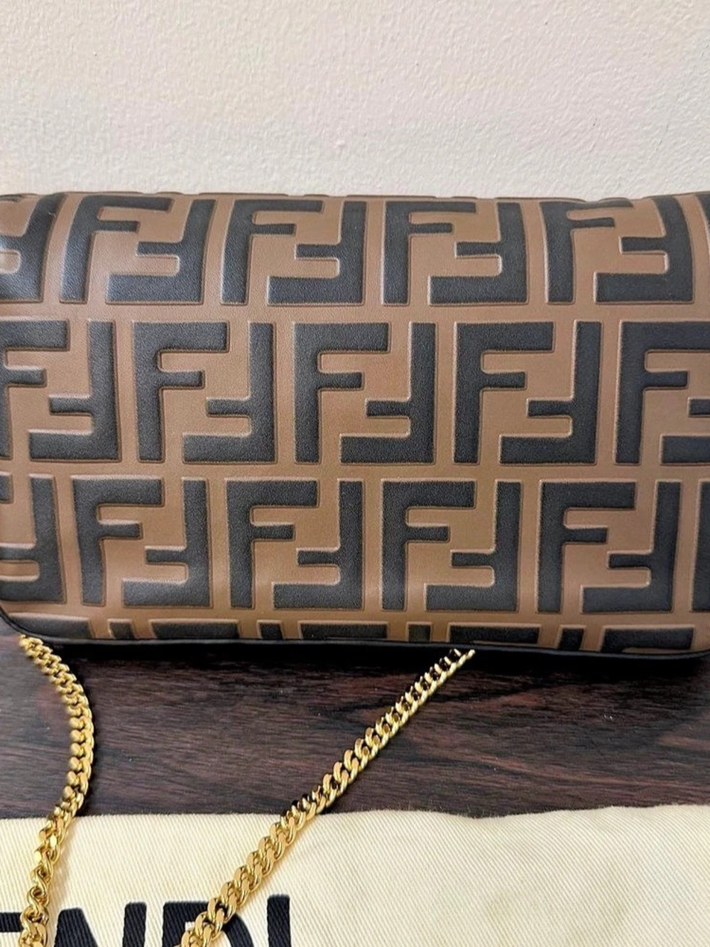 Fendi WOC FF Zucca Bicolor Leather Wallet on Chain Crossbody Bag Brown - Picture 3 of 15